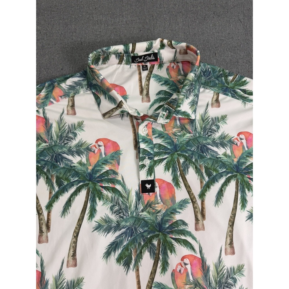 Bad Birdie Jungle Wildlife Parrots Tropical Golf Polo Shirt Stretch Poly Size XL